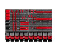 KADAX Étagère murale d'atelier, 116 x 78 cm, système de stockage en plastique robuste, étagère d'atelier résistante aux UV, plaques murales extensibles, étagère pour garage, (rouge et noir, 80 pièces)