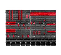 KADAX Étagère murale d'atelier robuste, 116 x 78 cm, système de stockage en plastique, résistante aux UV, plaques murales extensibles, pour garage (rouge et noir, 67 pièces)