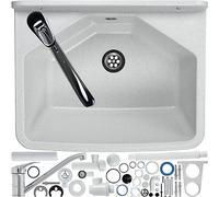 KADAX gospo Évier avec robinet, siphon, 46 x 37 x 20 cm, lavabo en plastique, bac de lavage pour jardin, garage, cave, atelier, montage mural, évier avec accessoires (blanc)