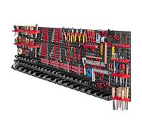 KADAX Grande étagère murale à outils, système de stockage 232 x 78 cm, en plastique robuste, système modulaire résistant aux UV, plaques murales extensibles, étagère (rouge et noir, 132 pièces)