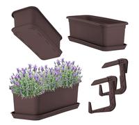 KADAX Jardinière 40 cm avec sous-plateau et support, Marron - Jardinière en plastique pour balcon, Pot de fleurs pour intérieur et extérieur, Pot de fleurs pour balcon