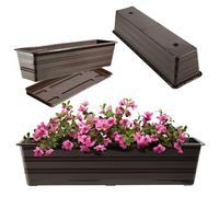 KADAX Jardinière 60 cm avec sous-plateaux Brun, Pot de balcon en plastique, Bac à plantes résistant aux intempéries, Pot de fleurs, Casier de balustrade pour fleurs, herbes