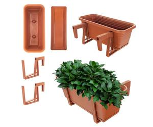 KADAX Jardinière avec soucoupe en lot avec ou sans support pour jardinière, pot de balcon en plastique, jardinière pour garde-corps, pot de fleurs (rouge brique, 40 cm + supports)