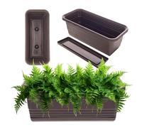 KADAX Jardinière avec sous-plateau en set, avec ou sans supports de jardinière, pot de balcon en plastique, bac à plantes, casier de balustrade, pot de fleurs (Moka, 40cm)