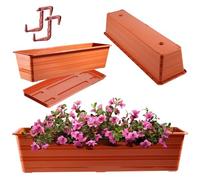 KADAX Jardinière de 60 cm avec soucoupes et 2 poignées Terracotta, pot de balcon en plastique, bac à plantes résistant aux intempéries, pot de fleurs, jardinière de balustrade pour fleurs, herbes