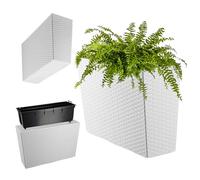 KADAX Jardinière en plastique, 18,5 x 55,7 cm, 5 couleurs, pot de fleurs avec bandes d'arrosage, jardinière pour balcon avec insert, jardinière d'extérieur, bac à fleurs (rectangulaire, motif rotin