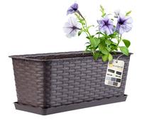 KADAX Jardinière Rectangulaire 40 cm, Balconnière en Plastique Aspect Rotin avec Soucoupe pour Embellir Votre Espace Extérieur (Marron)