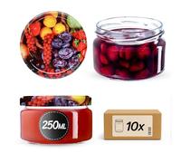 KADAX Lot de 10 bocaux à confiture, 250 ml, avec couvercle Twist-Off fi82, hermétiques et lavables au lave-vaisselle, en verre épais, choix de bouchons à vis (fruits)