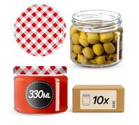KADAX Lot de 10 Bocaux à Confiture 330 ml - Bocaux de Conservation Avec Couvercles à Visser pour Confiture, Miel (Carreaux Rouges/Rouges)