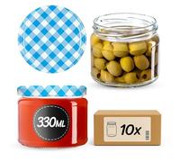 KADAX Lot de 10 bocaux à confiture avec couvercle à visser - 330 ml - Bocaux de conservation pour confitures, confitures, miel - Avec couvercle à visser (carreaux bleus)