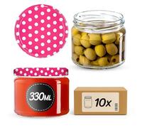 KADAX Lot de 10 bocaux à confiture avec couvercle à visser - 330 ml - Bocaux de conservation pour confitures, confitures, miel - Avec couvercle à visser (rose à pois)