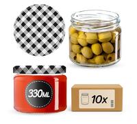 KADAX Lot de 10 bocaux à confiture avec couvercle à visser, pots à confiture 330ml, bocaux de conservation pour confitures, gelées, miel, verres avec couvercle à visser (noir à carreaux)