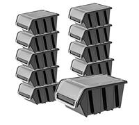 KADAX Lot de 10 boîtes de rangement empilables avec couvercle, en plastique PP, dans différentes tailles et couleurs, avec rabat pour mur d'outils (noir, 195 x 120 mm) K6539