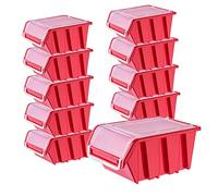 KADAX Lot de 10 boîtes de rangement empilables avec couvercle, en plastique PP, différentes tailles et couleurs, boîtes de rangement avec rabat pour mur d'outils (rouge, 195 x 120 mm) K6542