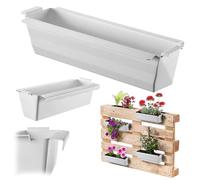 KADAX Lot de 10 jardinières pour palettes avec système de suspension, 37 x 9 cm, blanches, à planter et décorer, comme jardinière de balcon, bac à fleurs pour palette européenne, insert de pot de