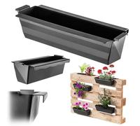 KADAX Lot de 10 jardinières pour palettes avec système de suspension, 37 x 9 cm, noir, à planter et décorer, comme jardinière de balcon, bac à fleurs pour palette européenne, insert de pot de fleurs