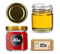 KADAX Lot de 10 mini bocaux en verre de 40 ml avec couvercle à visser de 43 mm de diamètre, bocaux à épices, pots à essai, pots à confiture, petits pots à miel (10 pièces, couvercles dorés)
