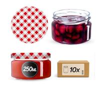 KADAX Lot de 10 petits bocaux à confiture avec couvercle - 250 ml - hermétiques - Pour cadeau - Pour miel et épices - Rouge à carreaux