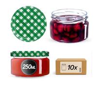 KADAX Lot de 10 petits bocaux en verre de 250 ml avec couvercles en métal pour confiture maison, marmelade et miel, bocaux pour conserver les épices et les herbes aromatiques (grille verte)