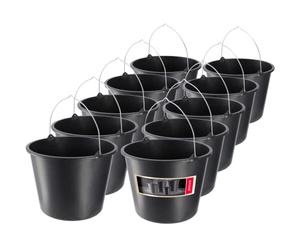 KADAX Lot de 10 seaux de construction, 12 l, en plastique, pour jardin, chantier, noir, robuste, seaux à ciment, à mortier, seaux de nettoyage, seaux de maçon