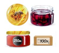 KADAX Lot de 100 bocaux à confiture, 250 ml, avec couvercle Twist-Off fi82, hermétiques et lavables au lave-vaisselle, en verre épais, choix de bouchons à vis (abeille)
