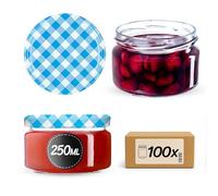 KADAX Lot de 100 bocaux à confiture, 250 ml, avec couvercle Twist-Off fi82, hermétiques et passent au lave-vaisselle, en verre épais, choix de bouchons à vis (carreaux bleus)