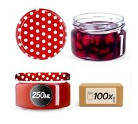 KADAX Lot de 100 bocaux à confiture, 250 ml, avec couvercle Twist-Off fi82, hermétiques et passent au lave-vaisselle, en verre épais, choix de bouchons à vis (pois rouges)