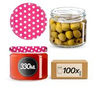 KADAX Lot de 100 Bocaux à Confiture 330 ml - Avec Couvercle à Visser pour Confitures, Miel (Pois Roses)
