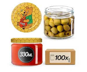 KADAX Lot de 100 bocaux à confiture avec couvercle à visser, pots à confiture 330 ml, bocaux de conservation pour confitures, gelées, miel, bocaux avec couvercle à visser (Winnie l'ourson)