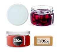KADAX Lot de 100 bocaux à confiture de 250 ml avec bouchon à vis Ø 82 mm, couleur blanche, hermétiques, lavables au lave-vaisselle, parfaits pour confitures, chutneys, légumes marinés, viandes