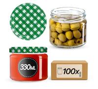 KADAX Lot de 100 bocaux à conserves avec couvercle à visser, pots à confiture 330 ml, bocaux de conservation pour confitures, gelées, miel, bocaux avec couvercle à visser (vert à carreaux)