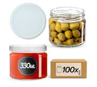 KADAX Lot de 100 bocaux à conserves avec couvercle à visser, pots à confiture 330 ml, bocaux de conservation pour confitures, gelées, miel, verres avec couvercle à visser (Blanc)