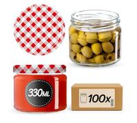 KADAX Lot de 100 bocaux à conserves avec couvercle vissé, pots à confiture 330 ml, bocaux de conservation pour confitures, gelées, miel, bocaux avec couvercle vissé (motif damier rouge)