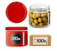 KADAX Lot de 100 bocaux à conserves avec couvercle vissé, pots à confiture 330 ml, bocaux de conservation pour confitures, gelées, miel, bocaux avec couvercle vissé (Rouge)