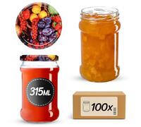 KADAX Lot de 100 bocaux de conservation 315 ml avec couvercle à vis de 66 mm pour miel, dessert, confiture | Bocaux hermétiques, bocaux de mise en conserve, bocaux ronds, bocaux à confiture, pots à