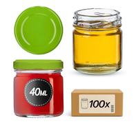 KADAX Lot de 100 mini bocaux en verre de 40 ml avec couvercle à visser de 43 mm de diamètre, bocaux à épices, pots à essai, pots à confiture, petits pots à miel (100 pièces, couvercle vert)