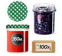 KADAX Lot de 100 pots à confiture 350 ml, avec couvercle à visser, pots à miel, pots de conservation pour champignons, confitures, miel (vert à carreaux)