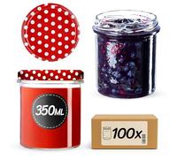 KADAX Lot de 100 pots à confiture 350 ml, avec couvercle à visser, pots à miel, pots de conservation pour champignons, confitures, miel (rouge à pois)