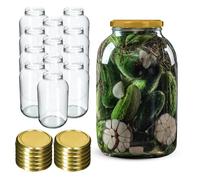 KADAX Lot de 12 Bocaux en Verre 4L avec Couvercle à Vis fi100mm, Pots de Conservation Large Ouverture pour Cornichons, Kombucha, Kimchi, Fermentation, Marinade (12 pièces, Doré)