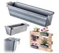 KADAX Lot de 12 jardinières pour palettes avec système de suspension, 37 x 9 cm, argentées, à planter et décorer, comme jardinière de balcon, bac à fleurs pour palette européenne, insert de pot de