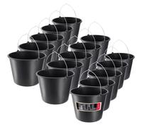 KADAX Lot de 15 seaux de construction, 12 l, en plastique, pour jardin, chantier, noir, robuste, seaux à ciment, à mortier, de nettoyage, de maçon