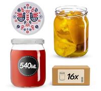 KADAX - Lot de 16 bocaux à conserves - 540 ml - Avec couvercle à visser - Diamètre : 82 mm - Pour la mise en conserve, le stockage et la préparation des repas - En verre Twist-Off hermétique (folklore