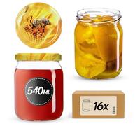 KADAX - Lot de 16 bocaux de conservation - 540 ml - Avec couvercle à visser - Diamètre : 82 mm - Pour la conservation, la mise en conserve et la préparation des repas - En verre hermétique - Abeille