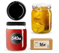 KADAX Lot de 16 bocaux de conservation en verre de 540 ml avec couvercle à visser de 82 mm de diamètre - Pour la conservation, la conservation et la préparation des repas - Noir