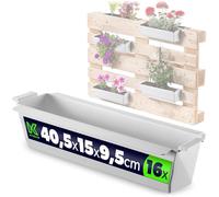 KADAX Lot de 16 jardinières pour palettes avec système de suspension, 37 x 9 cm, blanches, à planter et décorer, bac à fleurs pour palettes européennes, insert de pot de fleurs et cache-pot dans les