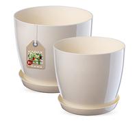 KADAX Lot de 2 Pots de Fleurs Avec Soucoupe - Bac Rond en Plastique pour Plantes d'Intérieur et Herbes Aromatiques (23 + 28 cm, Écru)