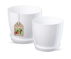 KADAX - Lot de 2 pots de fleurs avec soucoupe - Pots de fleurs en plastique ronds pour l'intérieur - Cache-pots pour fleurs et plantes d'intérieur, pots pour herbes (Lot de 2 - 23+28 cm, blanc)