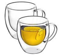 KADAX Lot de 2 tasses à thé en verre à double paroi - 250 ml - Avec large poignée - Pour jus, thé, café, cappuccino, eau, thé glacé, glace