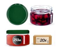 KADAX Lot de 20 bocaux à confiture, 250 ml, avec couvercle Twist-Off fi82, hermétiques et passent au lave-vaisselle, en verre épais, choix de bouchons à vis (vert)