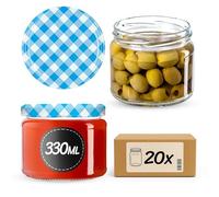 KADAX Lot de 20 bocaux à confiture avec couvercle à visser 330 ml - Bocaux de conservation pour confitures, confitures, miel, bocaux avec bouchon à vis (carreaux bleus/20)